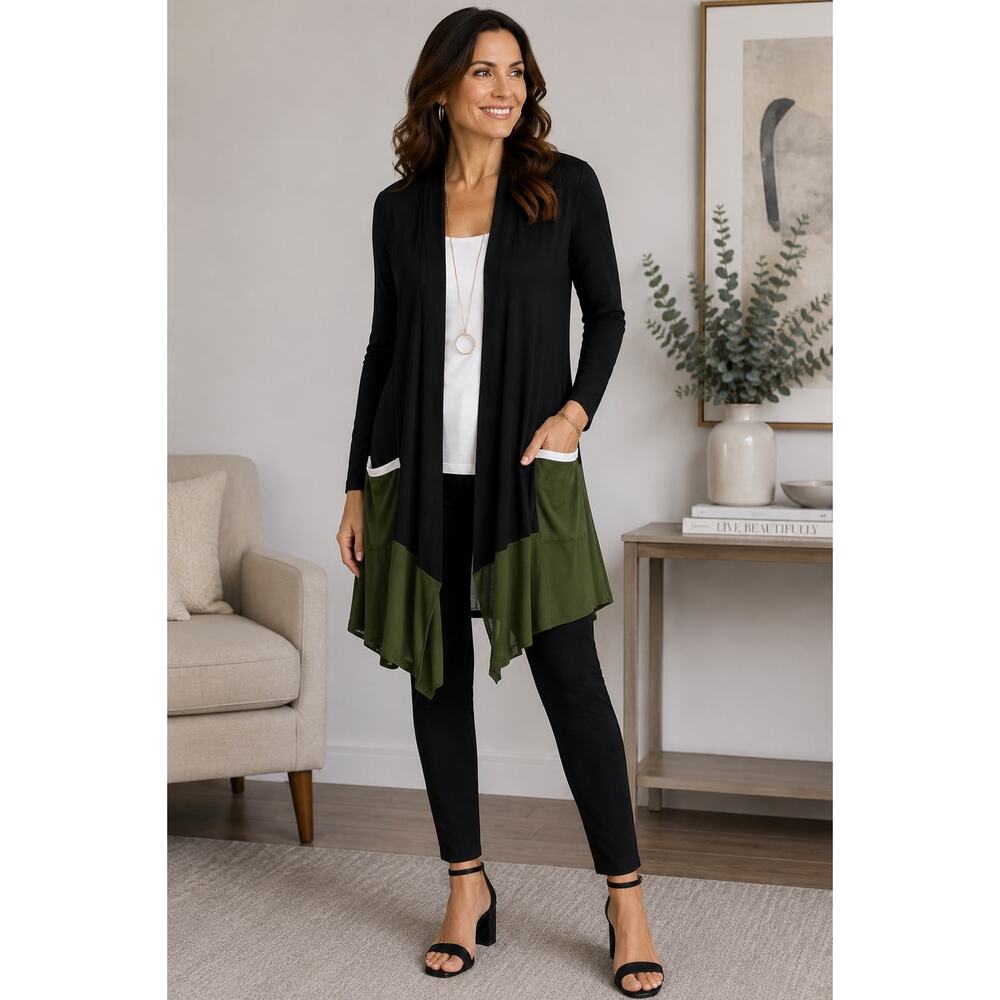 LOGO by Lori Goldstein Colorblock Open Front Cardigan L Black Green White Boho